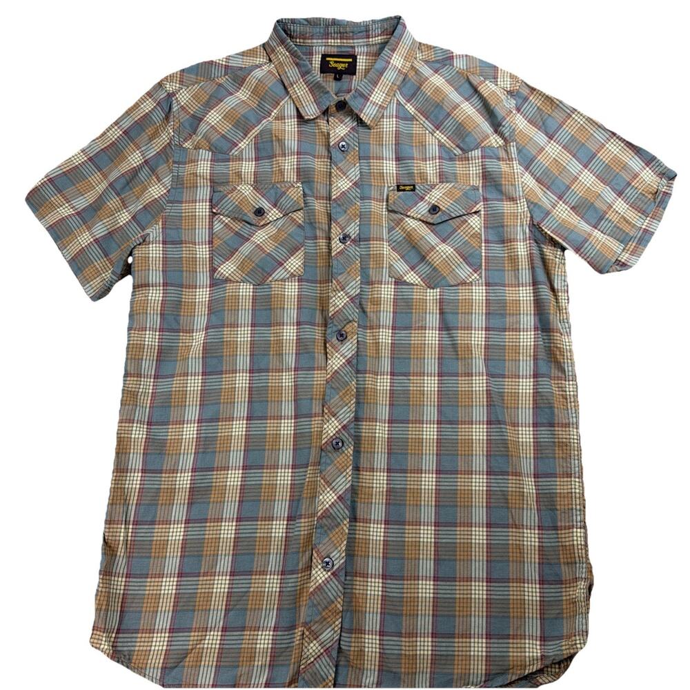Seager Shirt Western Short Sleeve Size L Plaid Button Up Rodeo Cowboy Brown